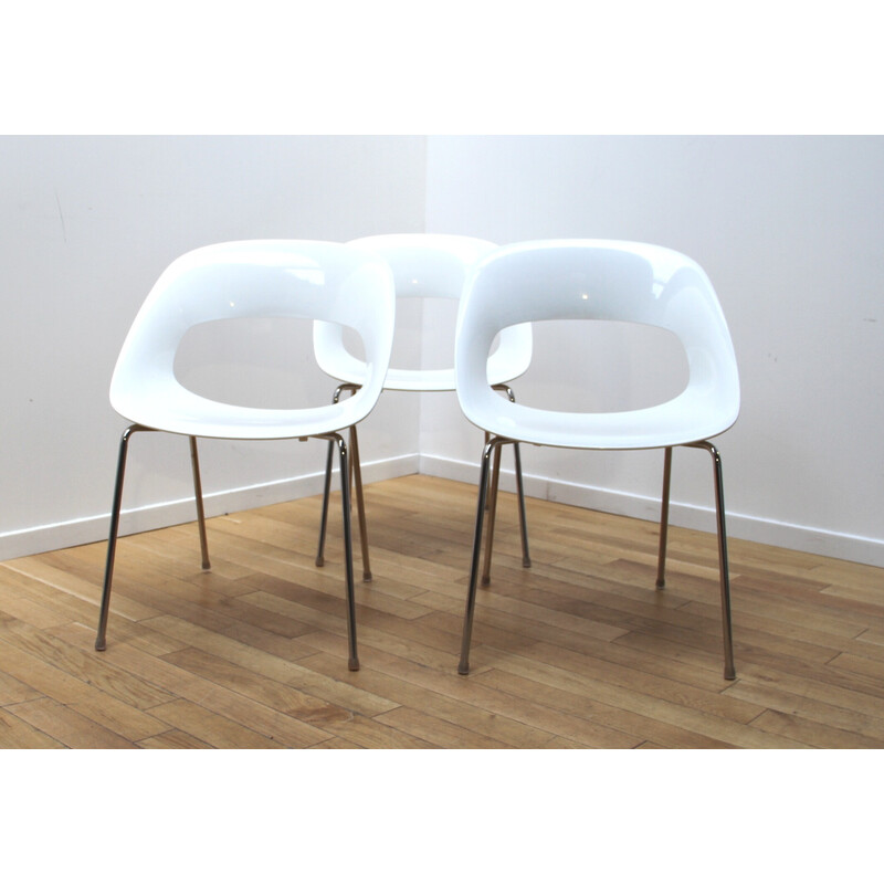 Set of 3 vintage Taty dining chairs in chrome metal and plastic for Castellani