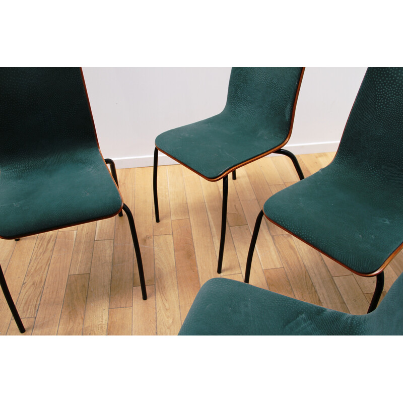Set of 4 vintage dining chairs in metal and wood covered in dark green velvet