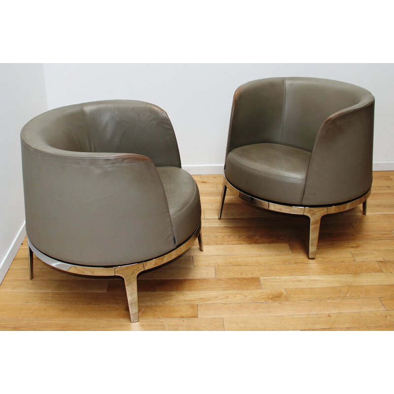 Pair of vintage Omni armchairs in chrome metal and leather by Carl Ojerstam for Materia