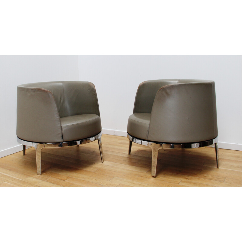 Pair of vintage Omni armchairs in chrome metal and leather by Carl Ojerstam for Materia