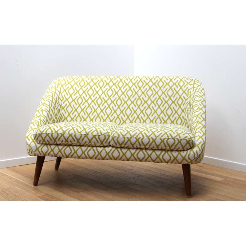 Vintage Séméon 2-seater sofa in wood and white fabric for La Redoute, France