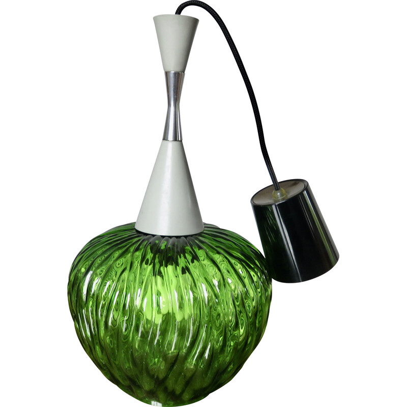 Vintage pendant lamp in chrome metal and green blown glass by Targetti Sankey, Italy 1970