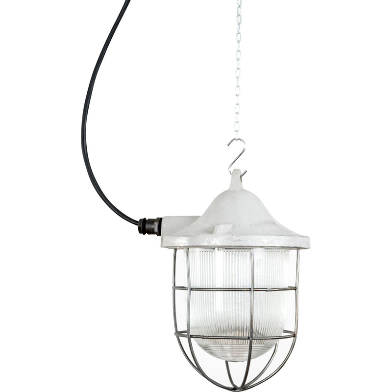 Vintage industrial Bunker pendant lamp in iron and grated glass, Poland