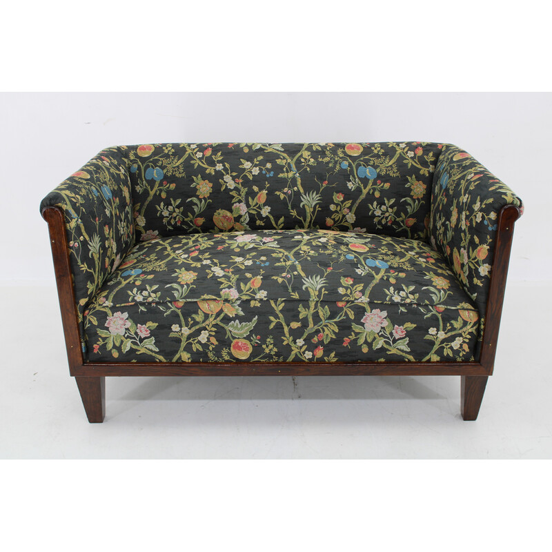 Vintage Art Deco 2-seater sofa in oak wood and floral patterned fabric, Czechoslovakia 1930