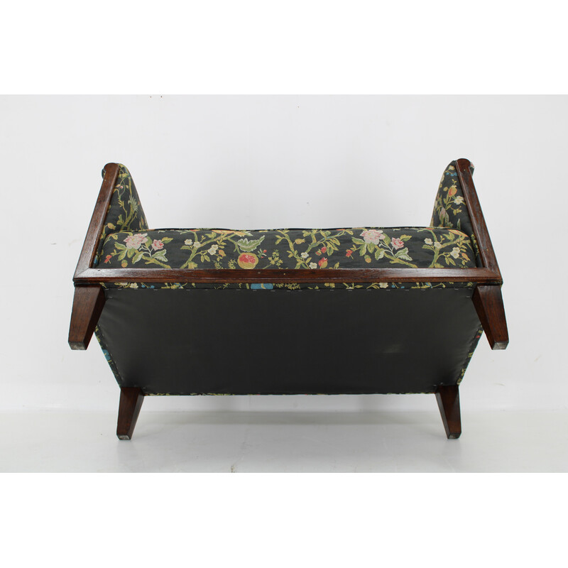 Vintage Art Deco 2-seater sofa in oak wood and floral patterned fabric, Czechoslovakia 1930