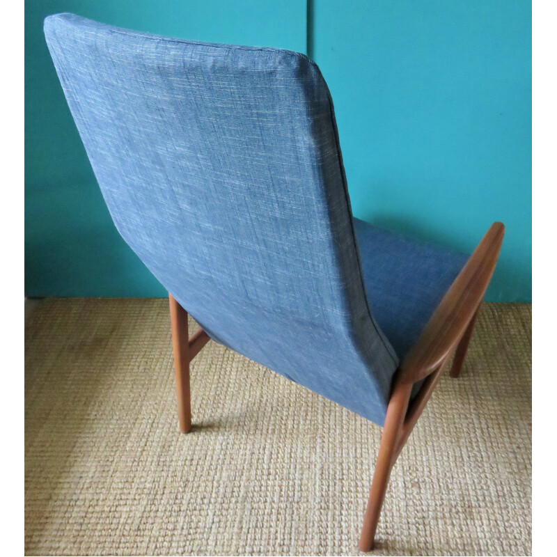 Vintage blauw-zwarte teakhouten fauteuil, Denemarken 1960