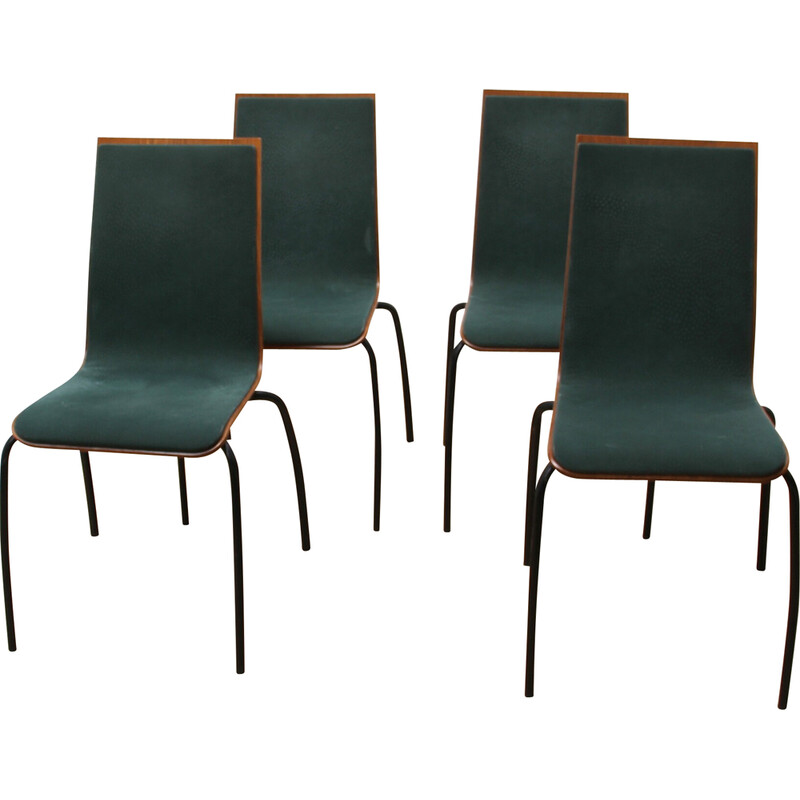 Set of 4 vintage dining chairs in metal and wood covered in dark green velvet