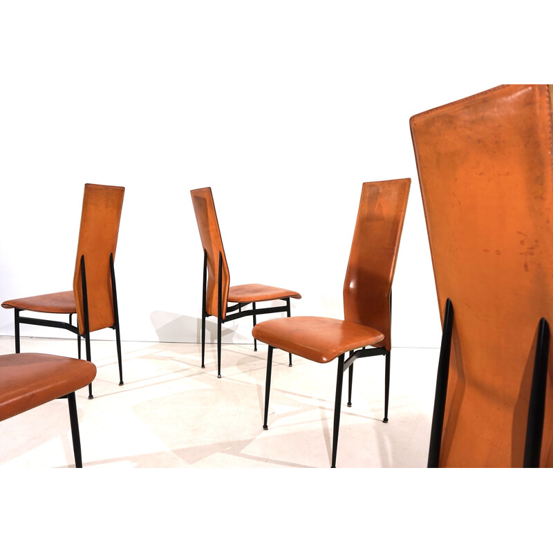 Juego de 5 sillas de comedor vintage Fasem S44 en metal y cuero de Giancarlo Vegni y Gualtierotti, 1970