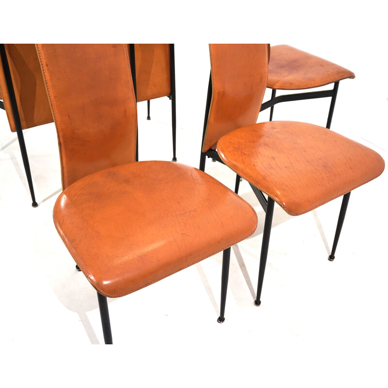 Ensemble de 5 chaises à repas vintage Fasem S44 en métal et cuir par Giancarlo Vegni et Gualtierotti, 1970
