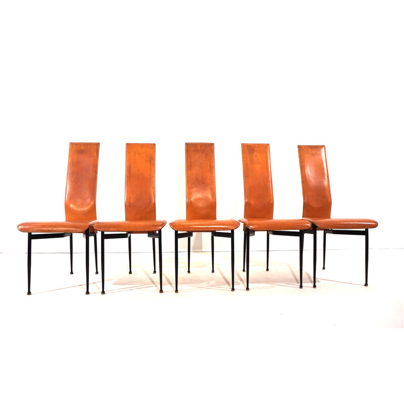 Set of 5 vintage Fasem S44 dining chairs in metal and leather by Giancarlo Vegni and Gualtierotti, 1970