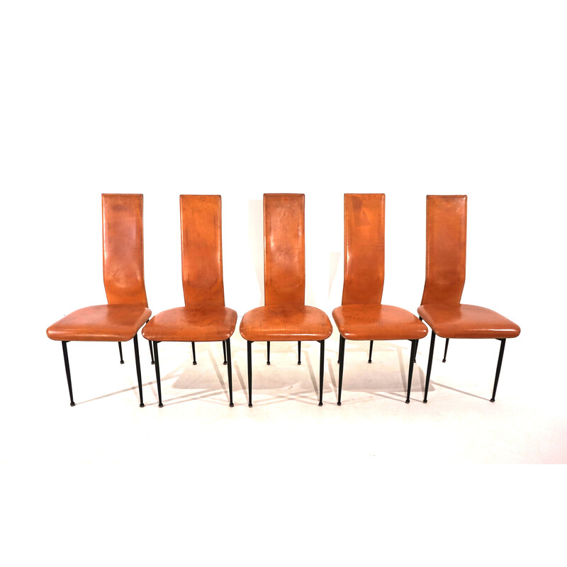 Ensemble de 5 chaises à repas vintage Fasem S44 en métal et cuir par Giancarlo Vegni et Gualtierotti, 1970