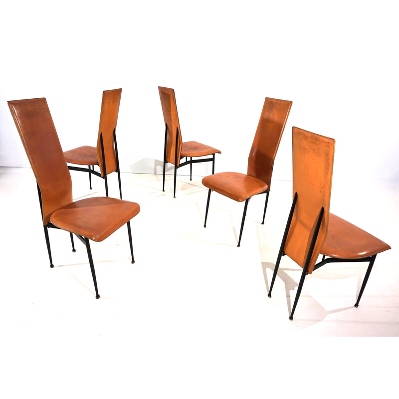 Set of 5 vintage Fasem S44 dining chairs in metal and leather by Giancarlo Vegni and Gualtierotti, 1970