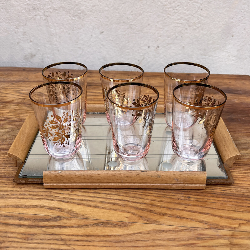 Vintage mirror tray in milled mirror glass with 6 glasses, Germany 1960