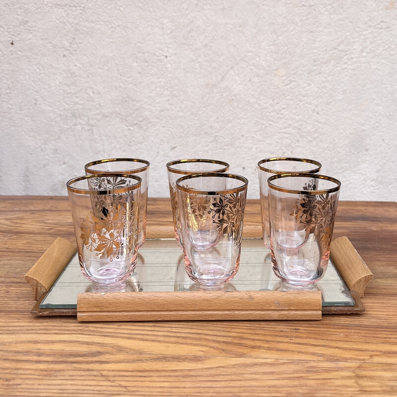 Vintage mirror tray in milled mirror glass with 6 glasses, Germany 1960