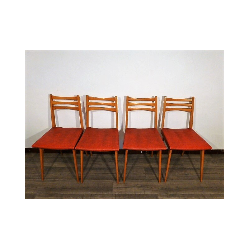 Lot de 4 chaises vintage rouge en skaï - 1960