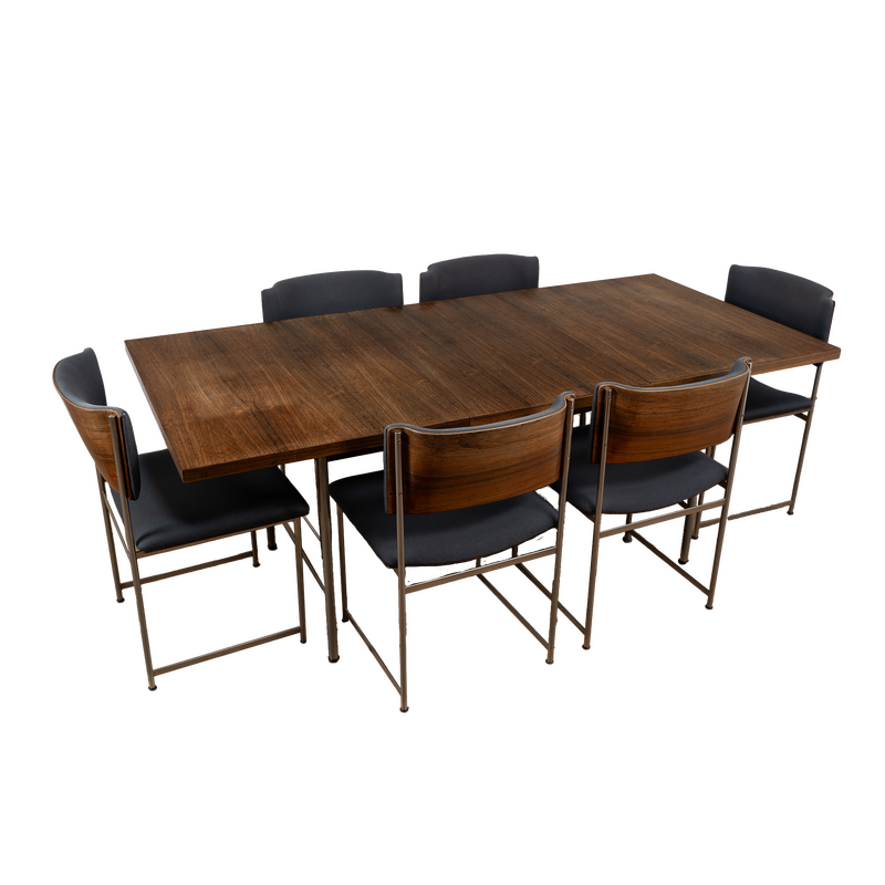 Vintage SM08 dining set in wood and blue fabric by Cees Braakman for Pastoe