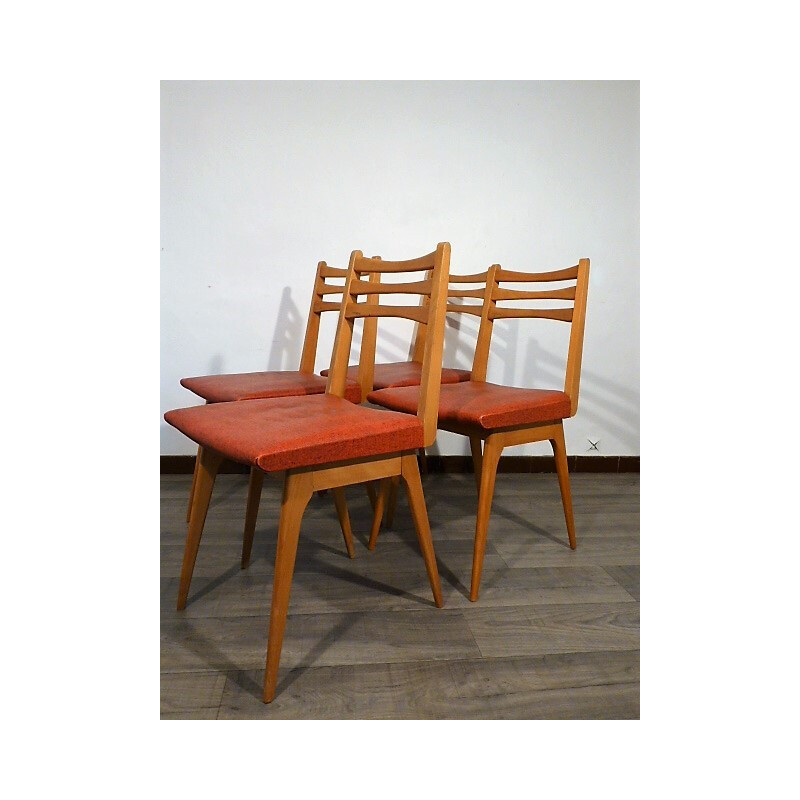 Lot de 4 chaises vintage rouge en skaï - 1960