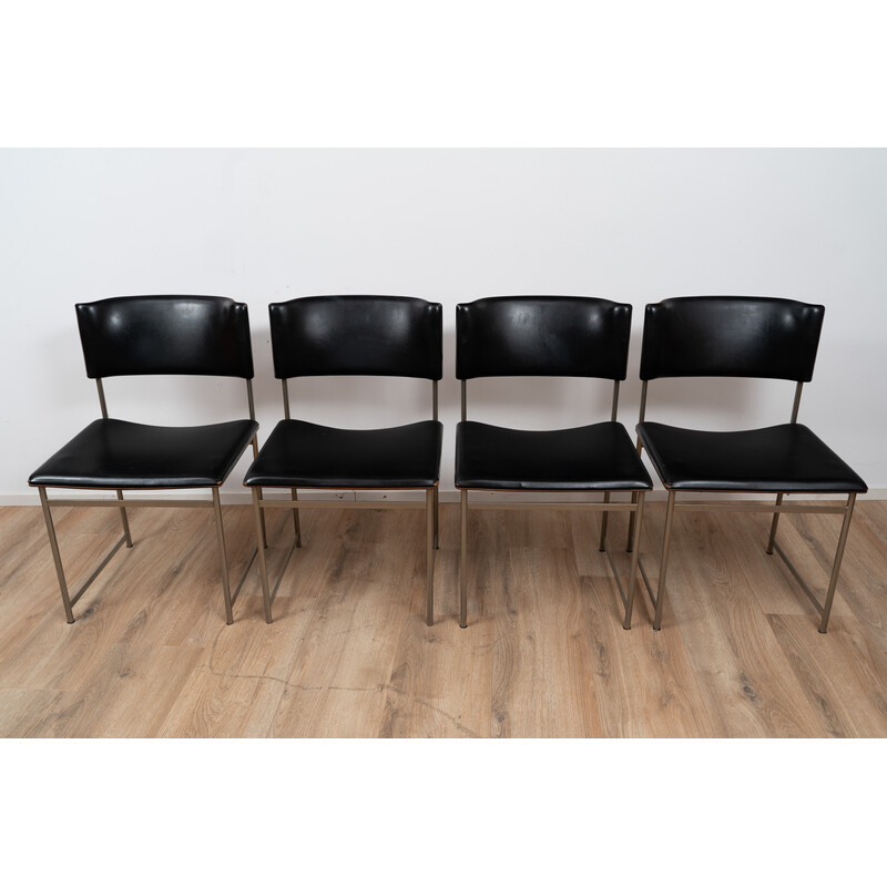 Vintage dining chairs model SM08 in metal and black leather by Cees Braakman for Pastoe