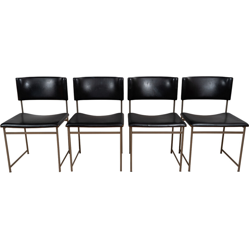 Vintage dining chairs model SM08 in metal and black leather by Cees Braakman for Pastoe
