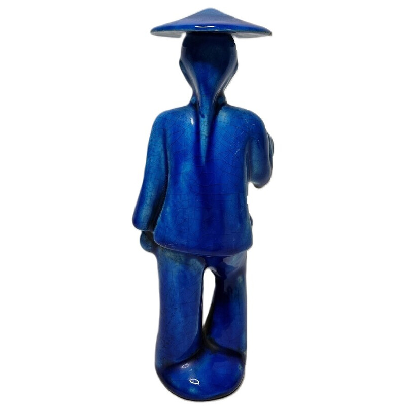 Klassische chinesische Statue aus blauer Keramik, 1970