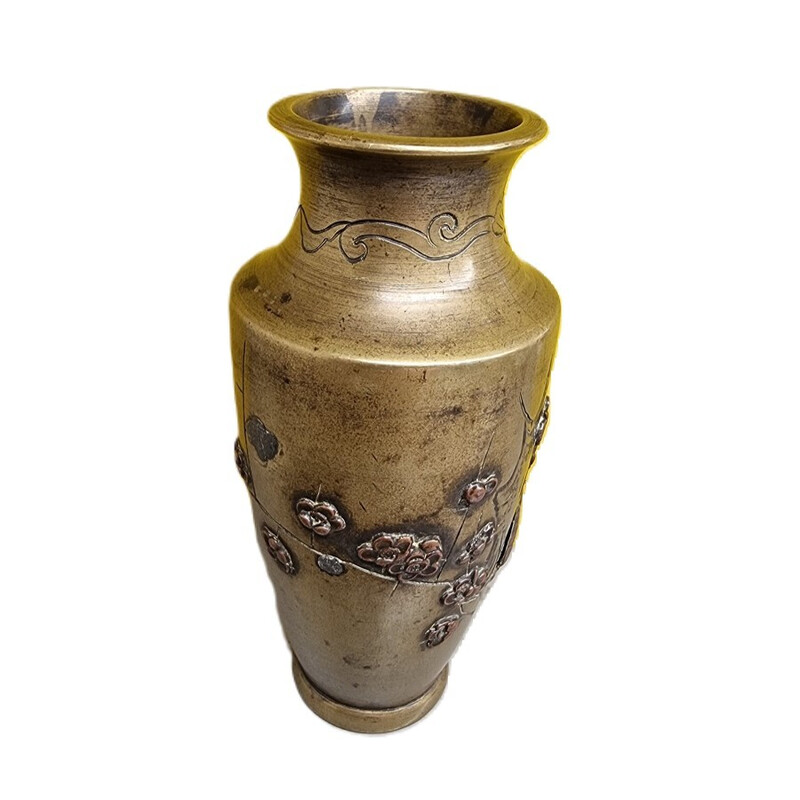 Vase vintage en bronze avec oiseaux incrustés de cuivre, Japon