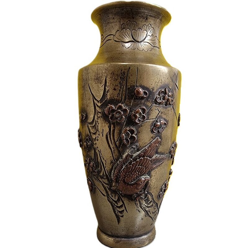 Vintage-Vase aus Bronze mit eingelegten Vögeln aus Kupfer, Japan