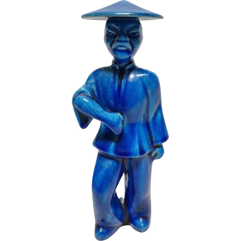 Klassische chinesische Statue aus blauer Keramik, 1970