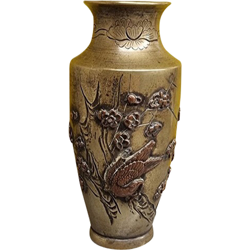 Vase vintage en bronze avec oiseaux incrustés de cuivre, Japon