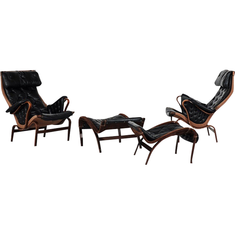 Vintage-Sesselpaar "Pernilla 69" aus Holz und schwarzem Leder von Bruno Mathsson für Dux, Schweden 1969