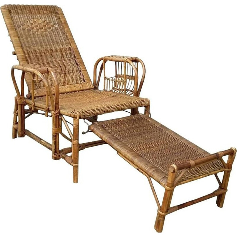 Mid-Century wicker deck chair with ottoman - 1940s