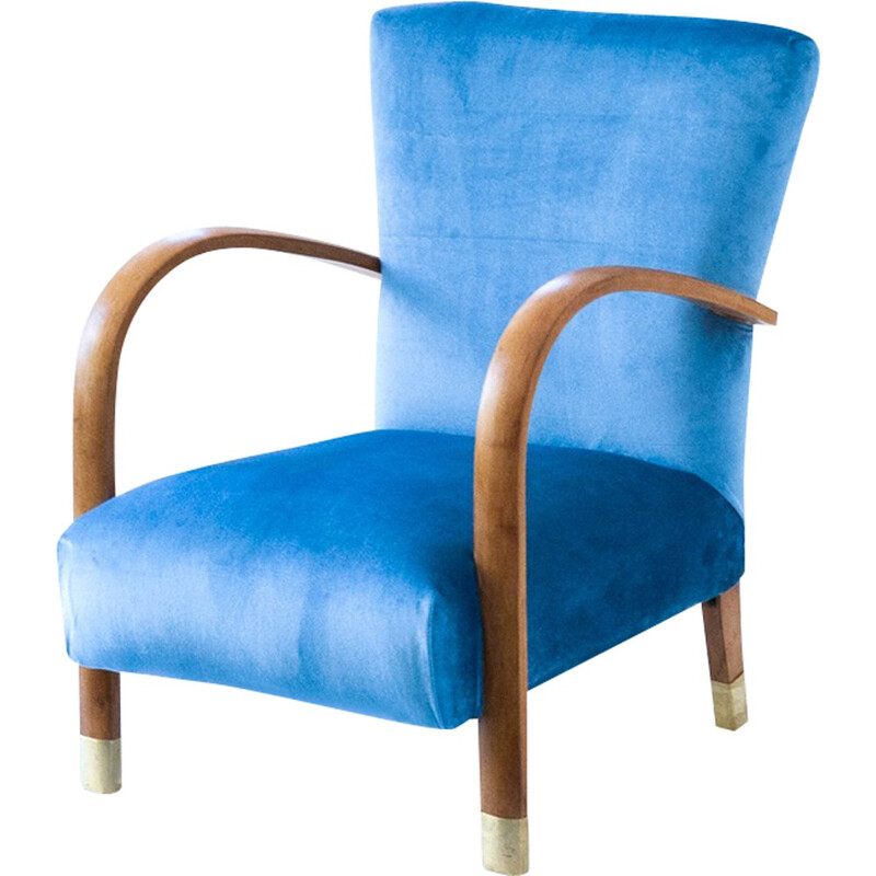 Set of 2 blue Italian velvet & brass armchairs - 1940s 