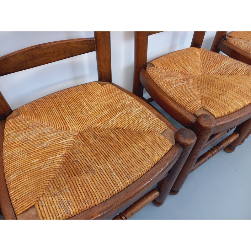 Set aus 4 Vintage-Stühlen aus Holz und Stroh von Charles Dudouyt, 1960