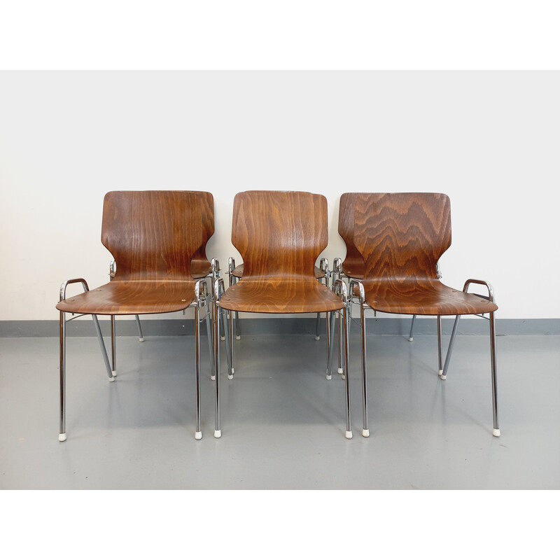 Satz von 6 stapelbaren Vintage-Stühlen aus Holz und Metall für Baumann, 1970