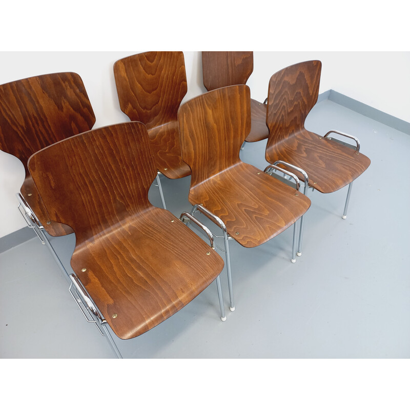 Set van 6 vintage stapelstoelen van hout en metaal voor Baumann, 1970