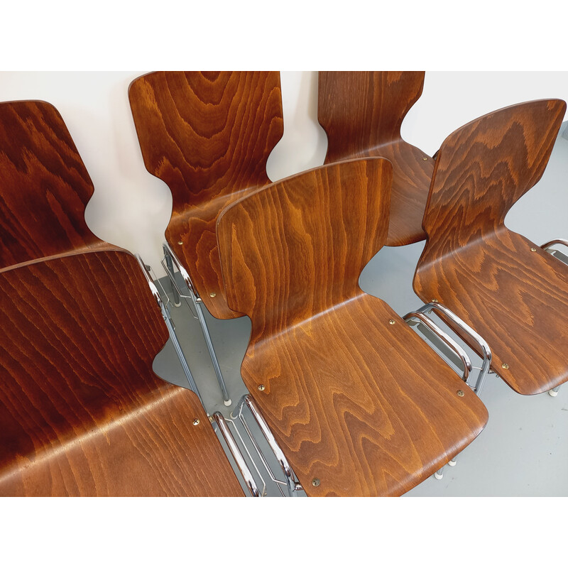 Satz von 6 stapelbaren Vintage-Stühlen aus Holz und Metall für Baumann, 1970