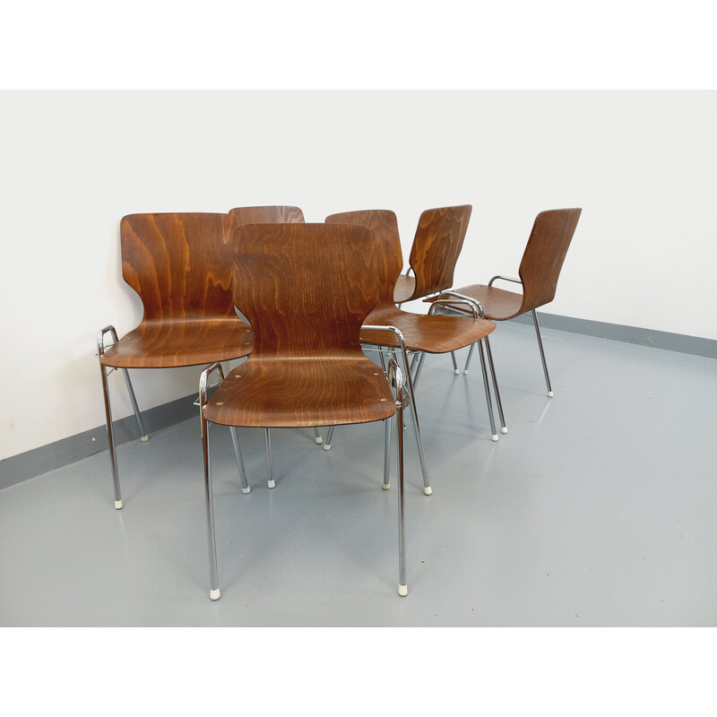 Ensemble de 6 chaises vintage Arbois empilables en bois et métal pour Baumann, 1970