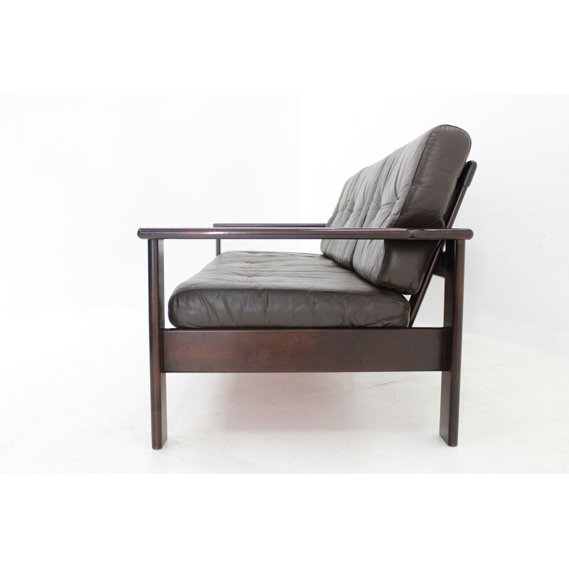 Vintage 3-seater sofa in stained beech and brown leather for Lepofinn, Finland 1970