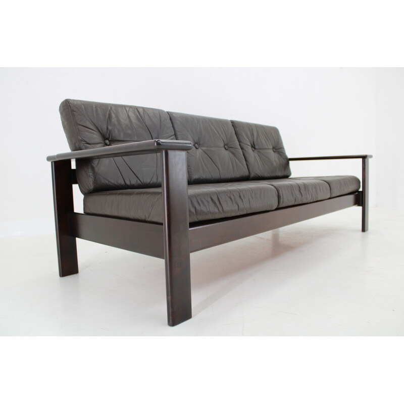 Vintage 3-seater sofa in stained beech and brown leather for Lepofinn, Finland 1970