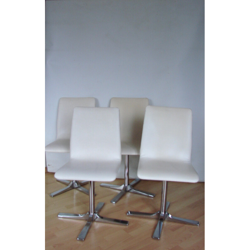 Set of 4 vintage swivel chairs in chrome metal and leather, 1990
