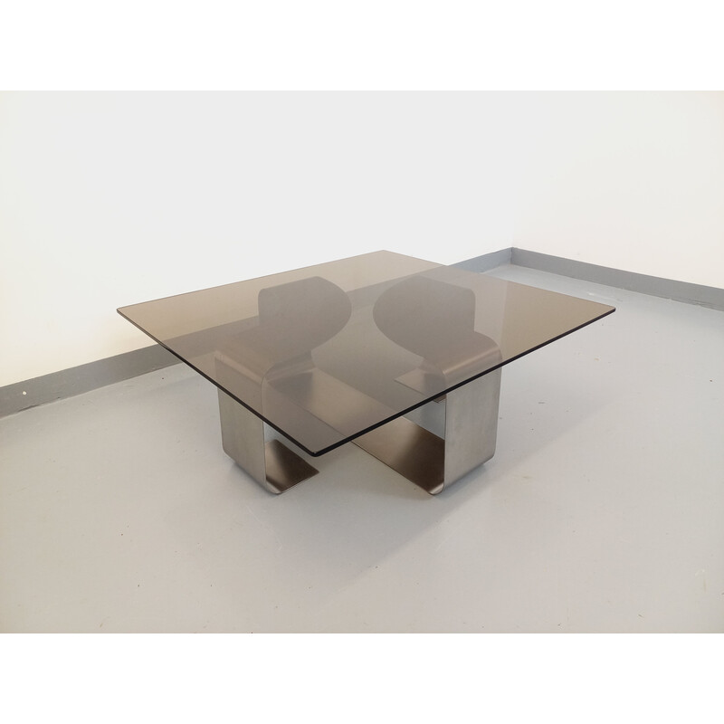 Mesa de centro rectangular vintage en acero y cristal ahumado de Francois Monnet, 1970