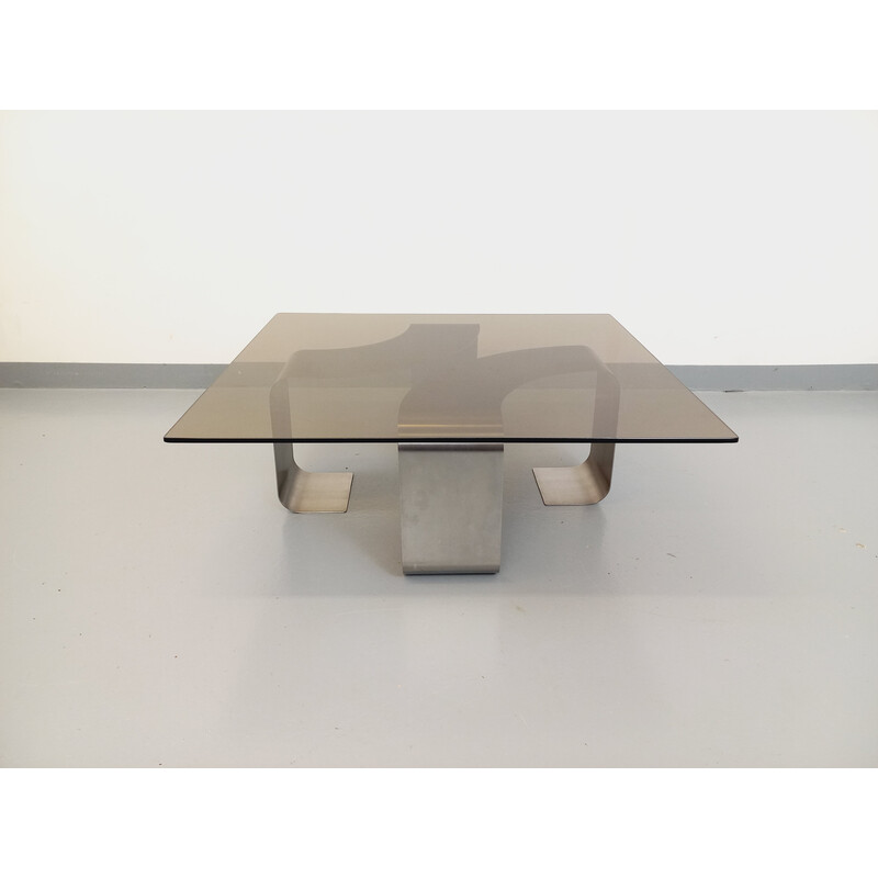 Mesa de centro rectangular vintage en acero y cristal ahumado de Francois Monnet, 1970