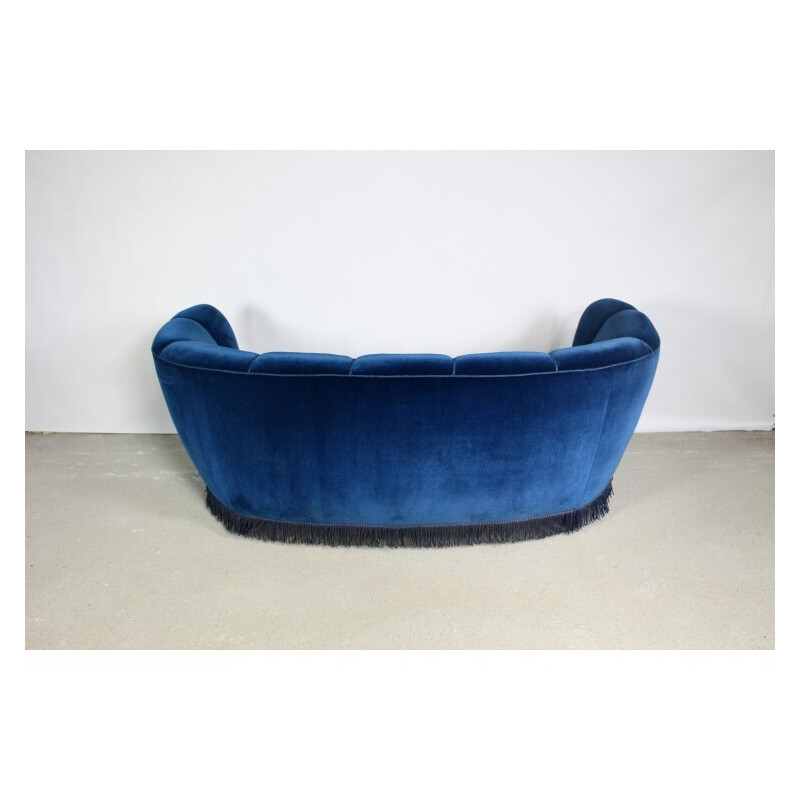 Vintage 3-seater banana-shaped sofa in blue velvet, Denmark 1940