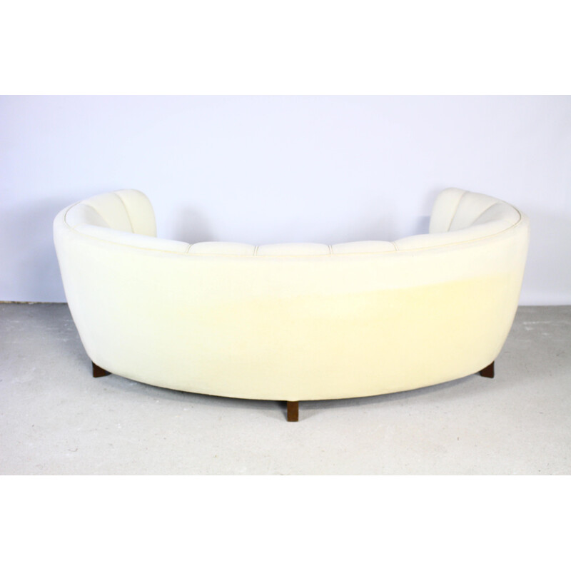 Vintage Art Deco banana-shaped 3-seater sofa in white fabric, Denmark 1950
