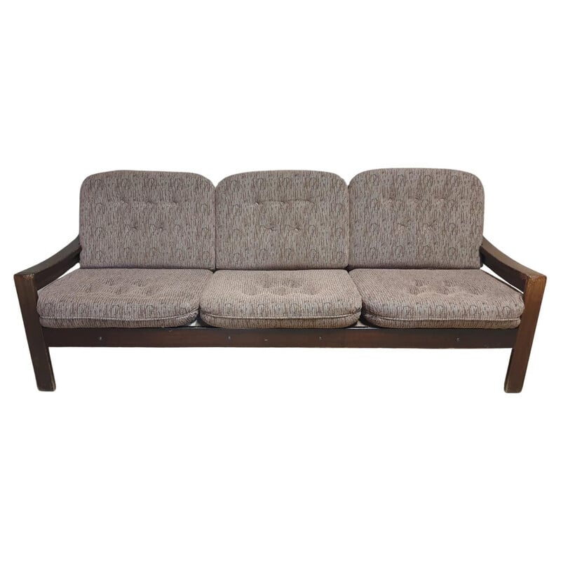 Pair of vintage 3-seater sofas in beech wood and fabric, 1980