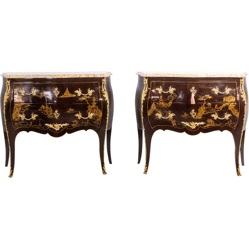 Pair of vintage "sautéuse" chests of drawers in lacquer and bronze, 1950