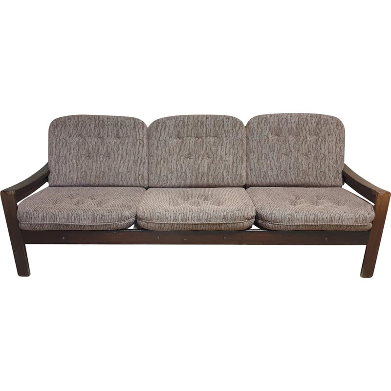 Pair of vintage 3-seater sofas in beech wood and fabric, 1980