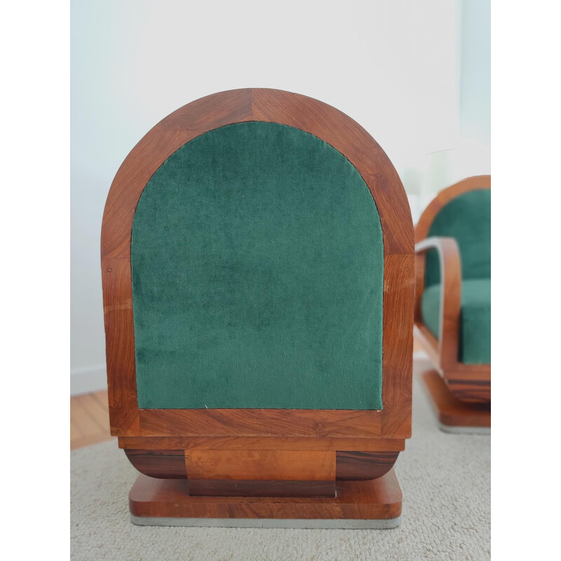 Paar vintage Art Deco fauteuils in hout en groen fluweel