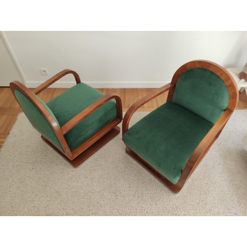 Paar vintage Art Deco fauteuils in hout en groen fluweel