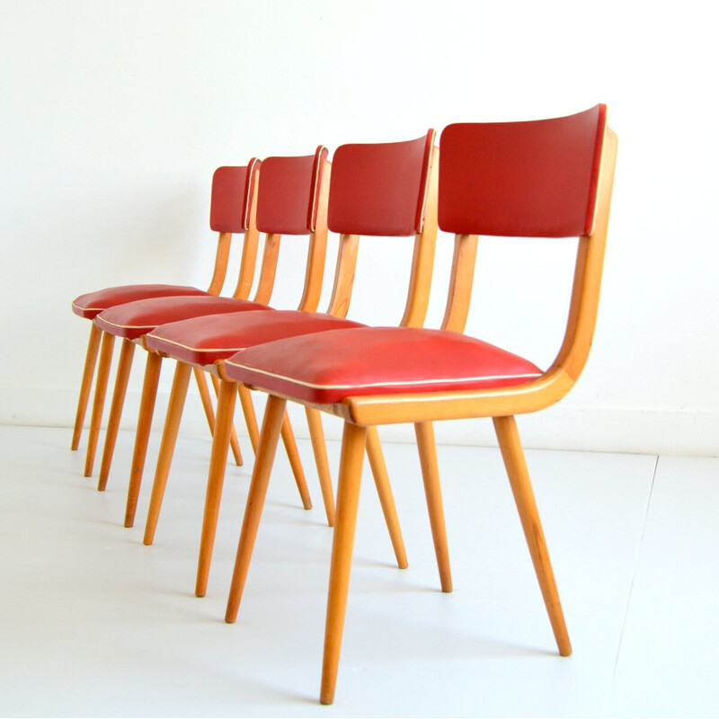 Set van 4 vintage stoelen van beukenhout en rood imitatieleer, 1950