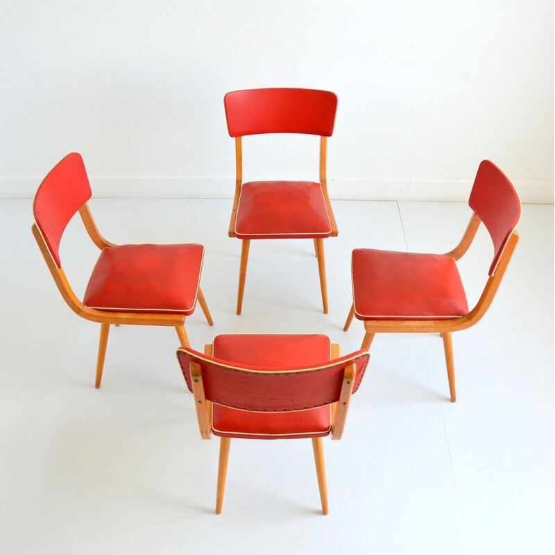Set van 4 vintage stoelen van beukenhout en rood imitatieleer, 1950